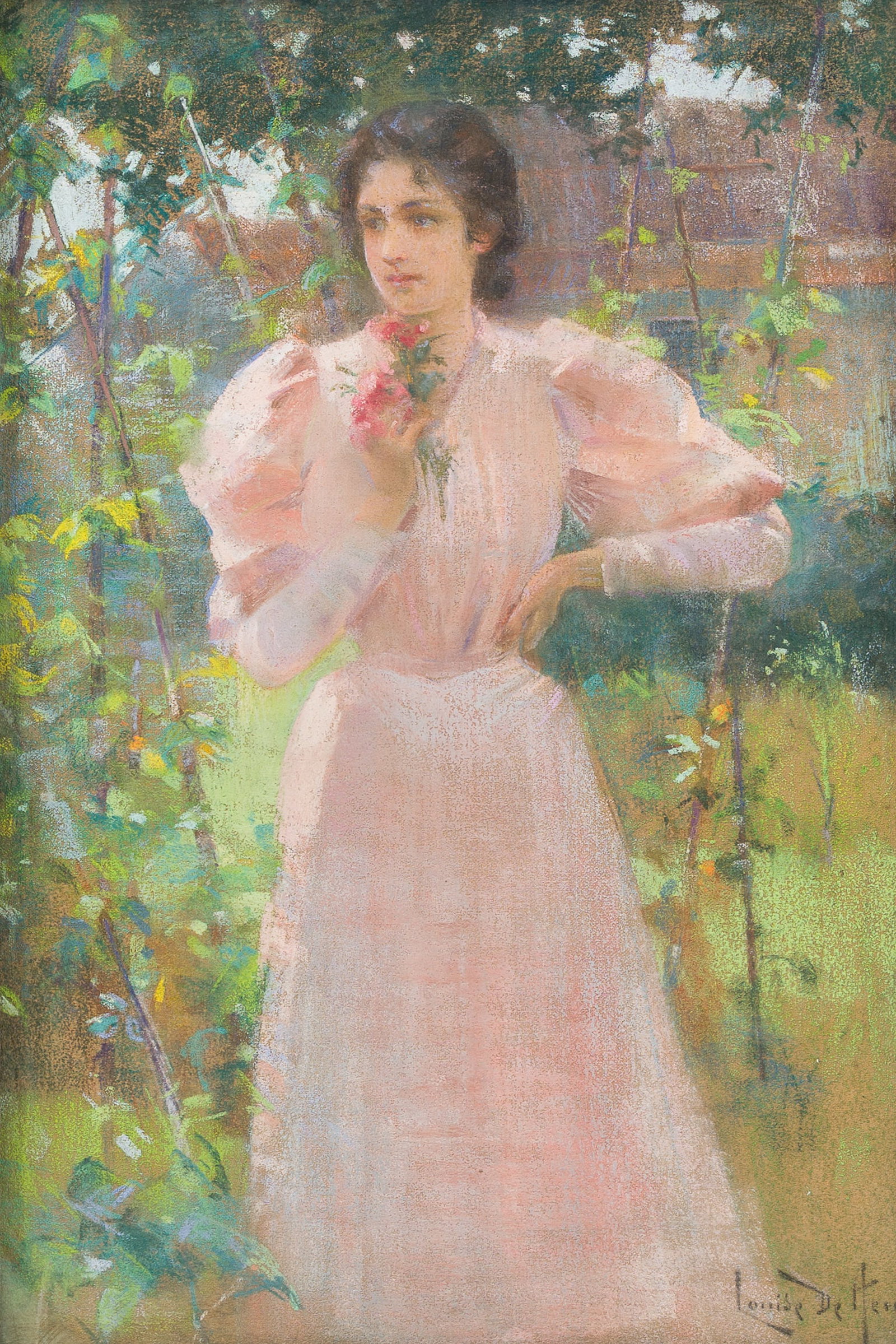 Louise De Hem (1866-1922): Portrait of a lady in a pink dress with a flower in her hand in a garden,: Louise De Hem (1866-1922): Portrait of a lady in a pink dress with a flower in her hand in a garden, pastel on paper marouflated on canvas Work: 55 x 38,5 cm Frame: 73 x 57,5 cm