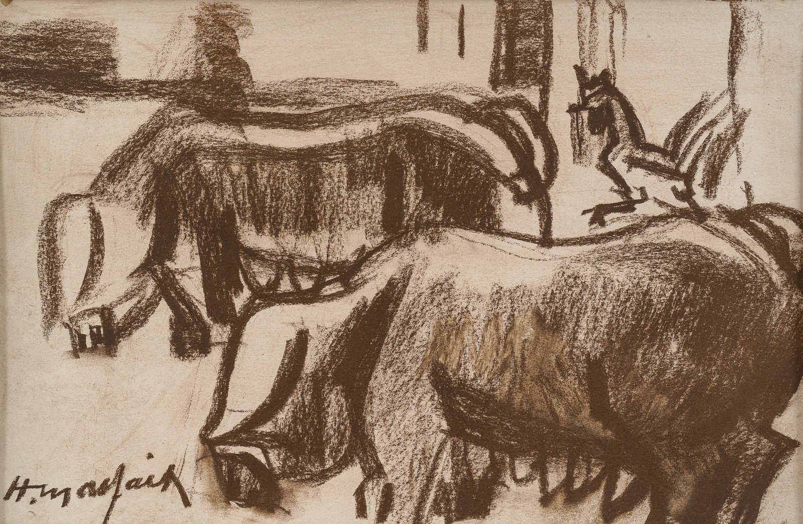 Hubert Malfait (1898-1971): Pigs and a rooster, brown charcoal on paper (1 of 4)