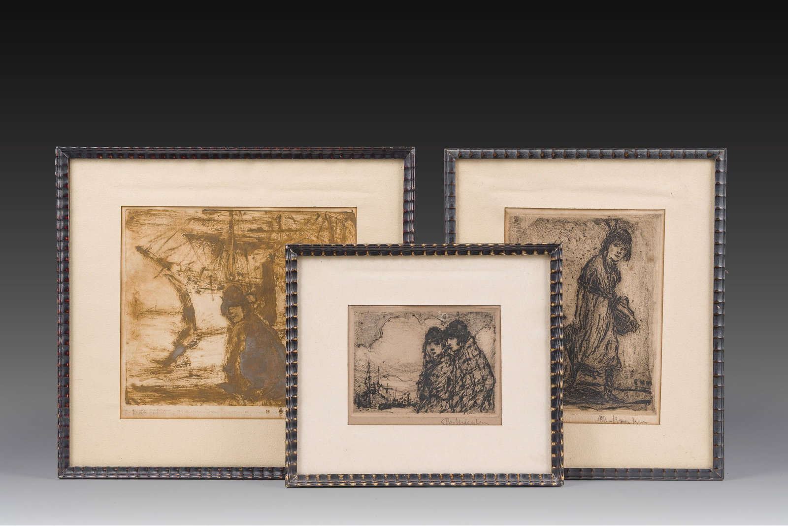 Eugeen Van Mieghem (1875-1930): Three various etchings with figures in a harbour context (1 of 9)