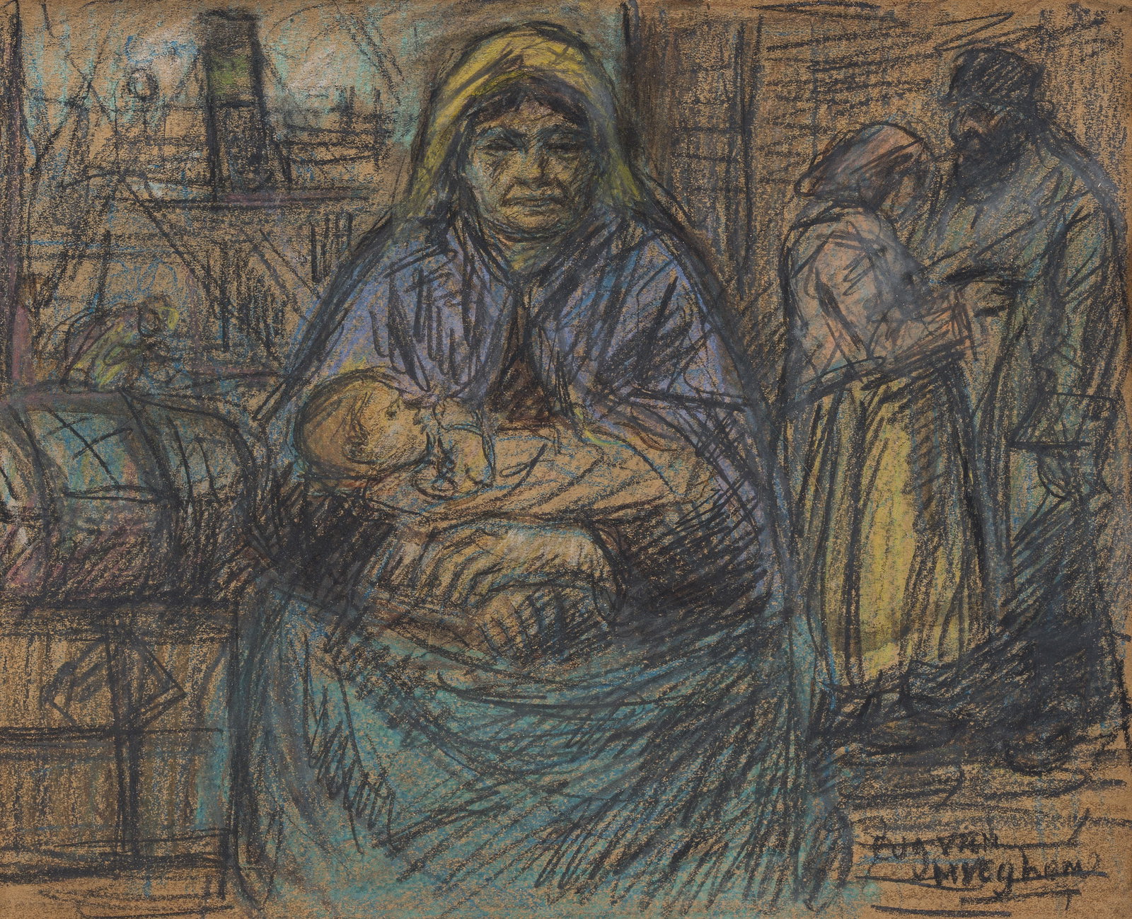 Eugeen Van Mieghem (1875-1930): Family life with the port activities in the background, charcoal and (1 of 6)