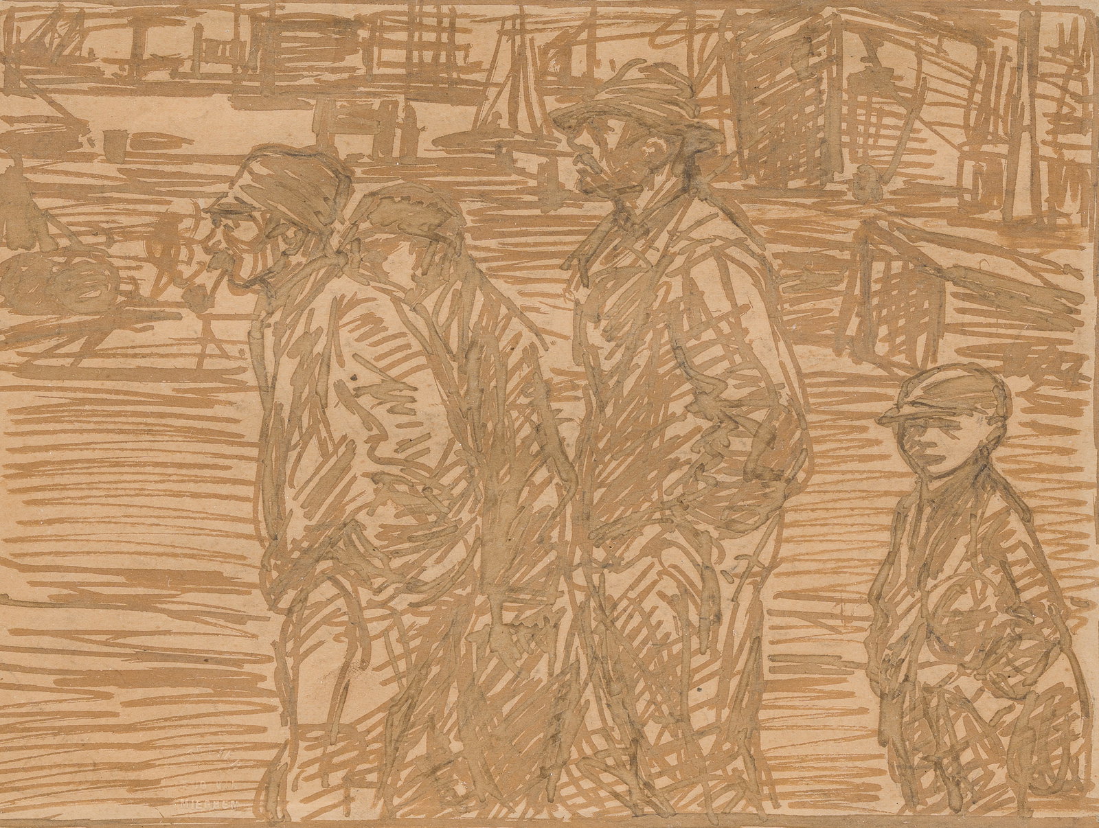 Eugeen Van Mieghem (1875-1930): The dockworkers, brown ink on paper: Eugeen Van Mieghem (1875-1930): The dockworkers, brown ink on paper Work: 28,5 x 21 cm Frame: 40,5 x 32,5 cm The paper with an 'Atelier Eug. Van Mieghem' blind stamp.