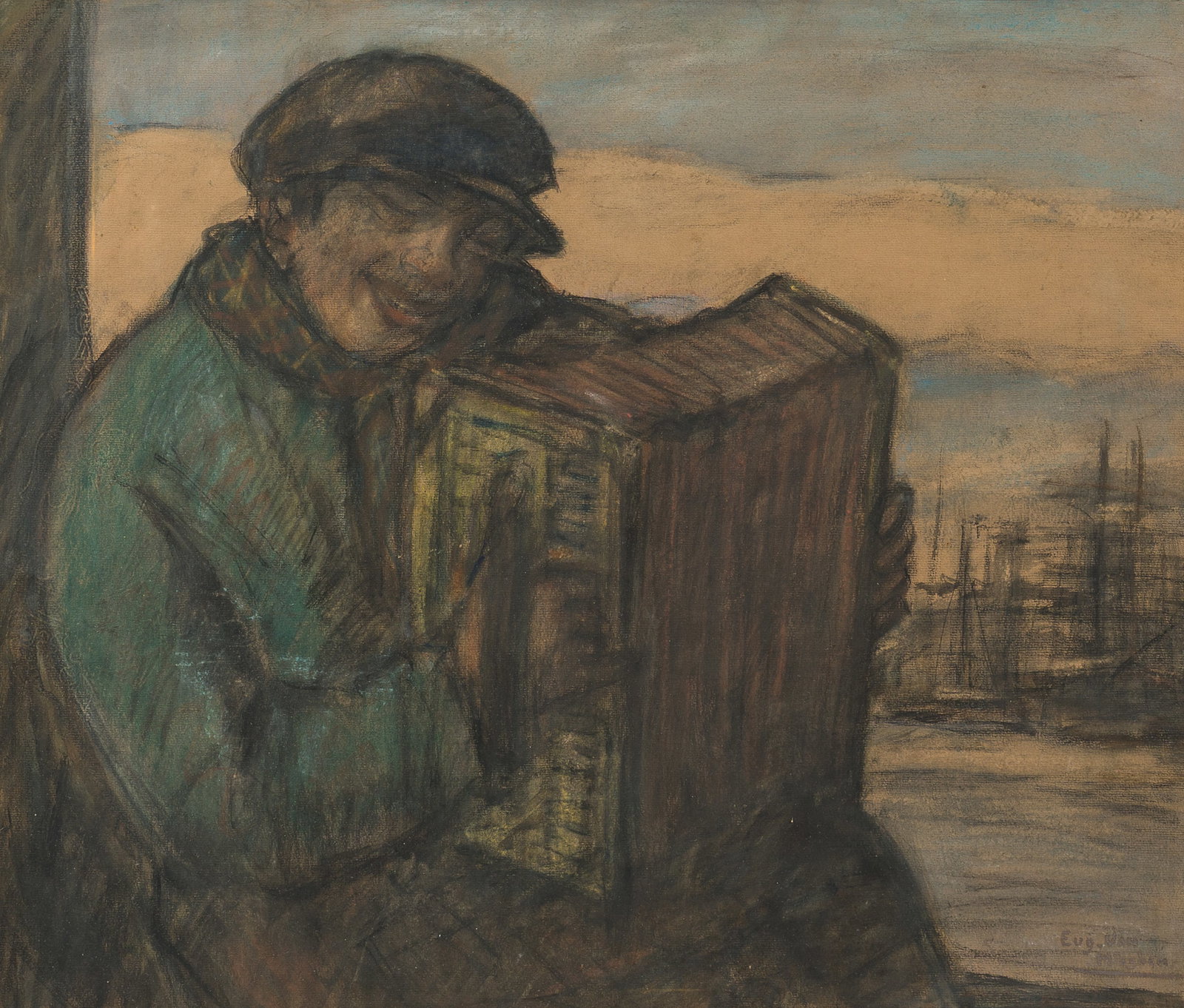 Eugeen Van Mieghem (1875-1930): Accordionist in the Port of Antwerp, charcoal and pastel on paper (1 of 5)