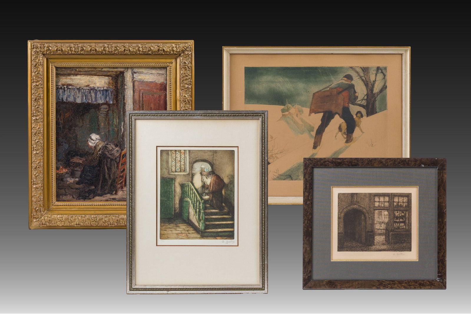 Albert Geudens (1869-1949): Lady in an interior by the fire, oil on canvas and two graphic works: Albert Geudens (1869-1949): Lady in an interior by the fire, oil on canvas and two graphic works Work: 46,5 x 37 cm (the painting) Frame: 62,5 x 55 cm Work: 32,5 x 26,5 cm (etching interior, A. Geuden