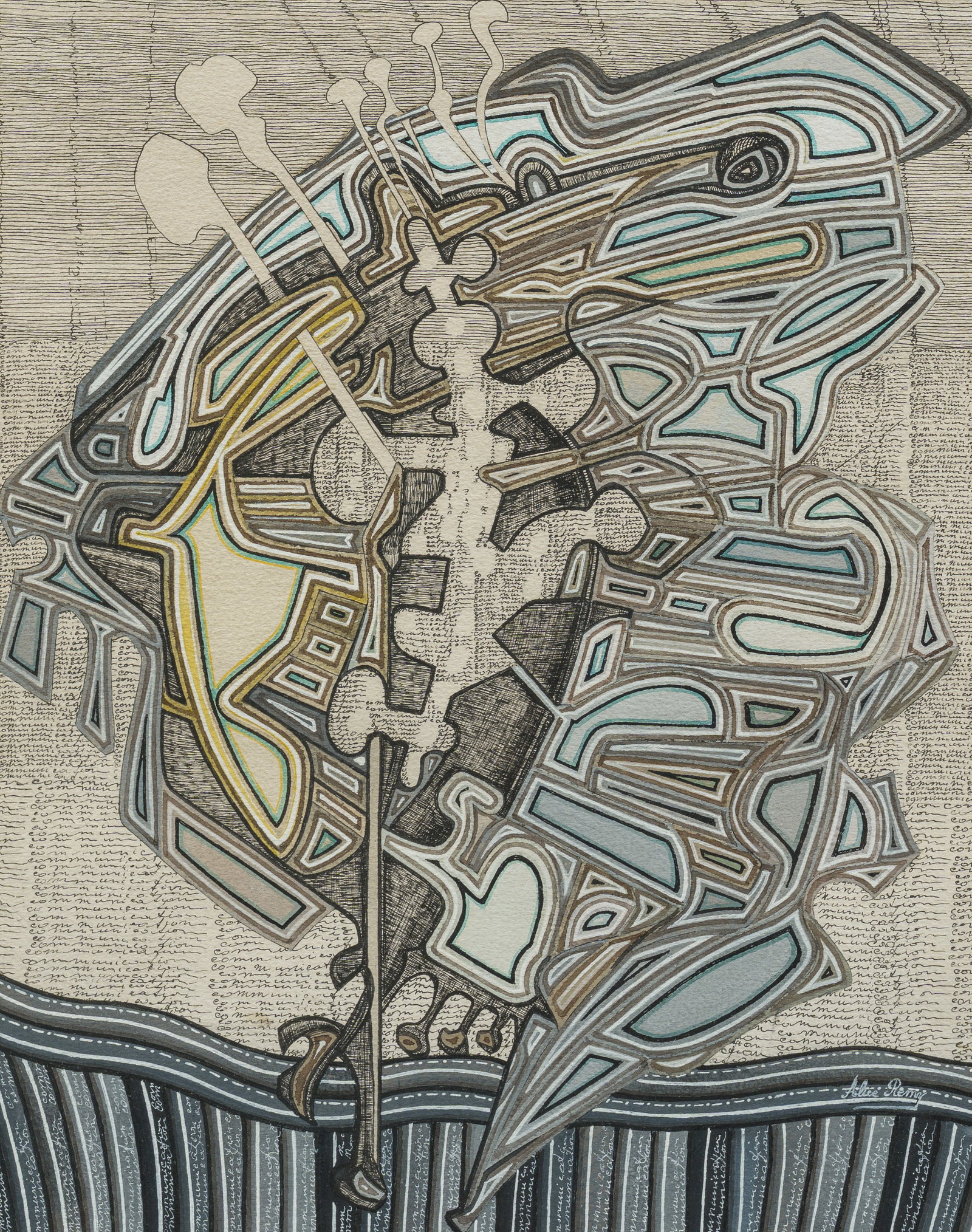 Alice Remy (20th C.): Composition with calligraphy, mixed media on paper (1 of 5)