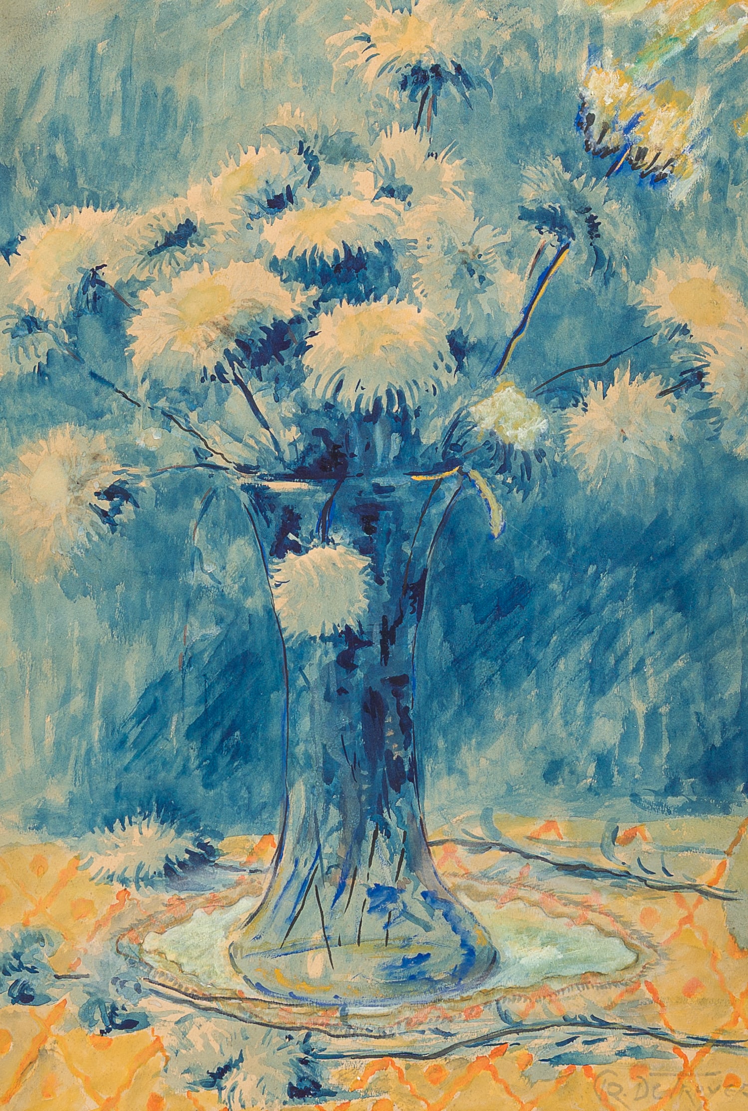 Prosper De Troyer (1880-1961): Still life with flowers in a vase, watercolour on paper (1 of 5)