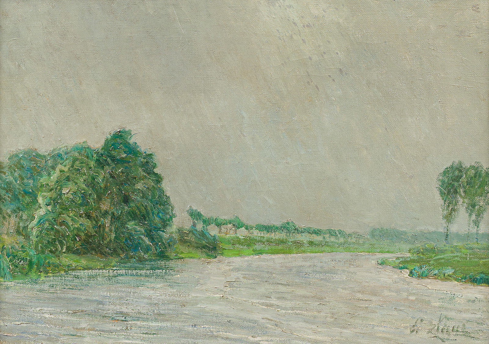 Emile Claus (1849-1924): Along the banks of the Lys, oil on canvas: Emile Claus (1849-1924): Along the banks of the Lys, oil on canvas Work: 59,5 x 42,5 cm Frame: 73,5 x 57 cm Provenance:- Ex-collection Galerie Georges Giroux. - Ex-collection Galerie Feyt, Knokke, the