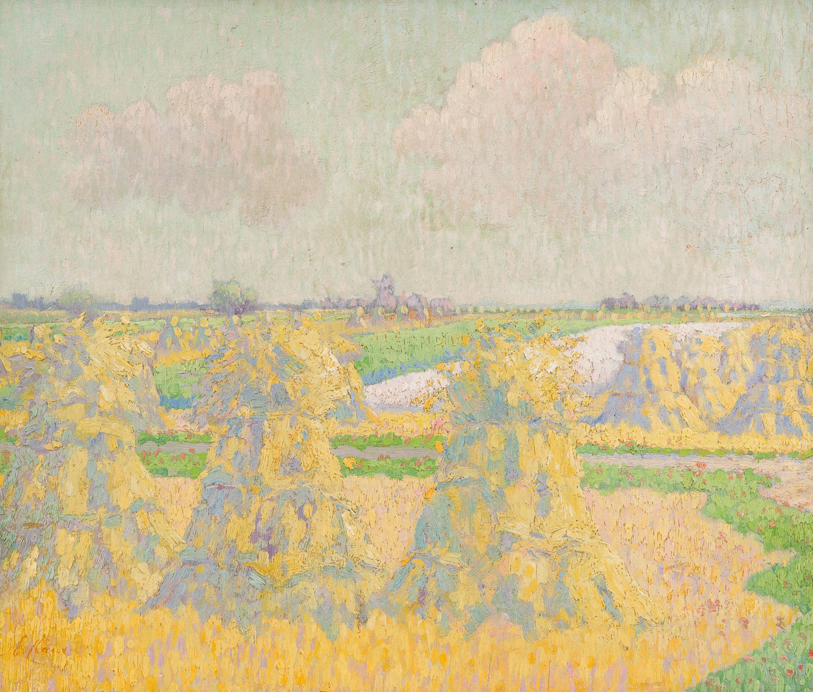 Emile Claus (1849-1924): Haystacks in a summer landscape, oil on panel (1 of 5)