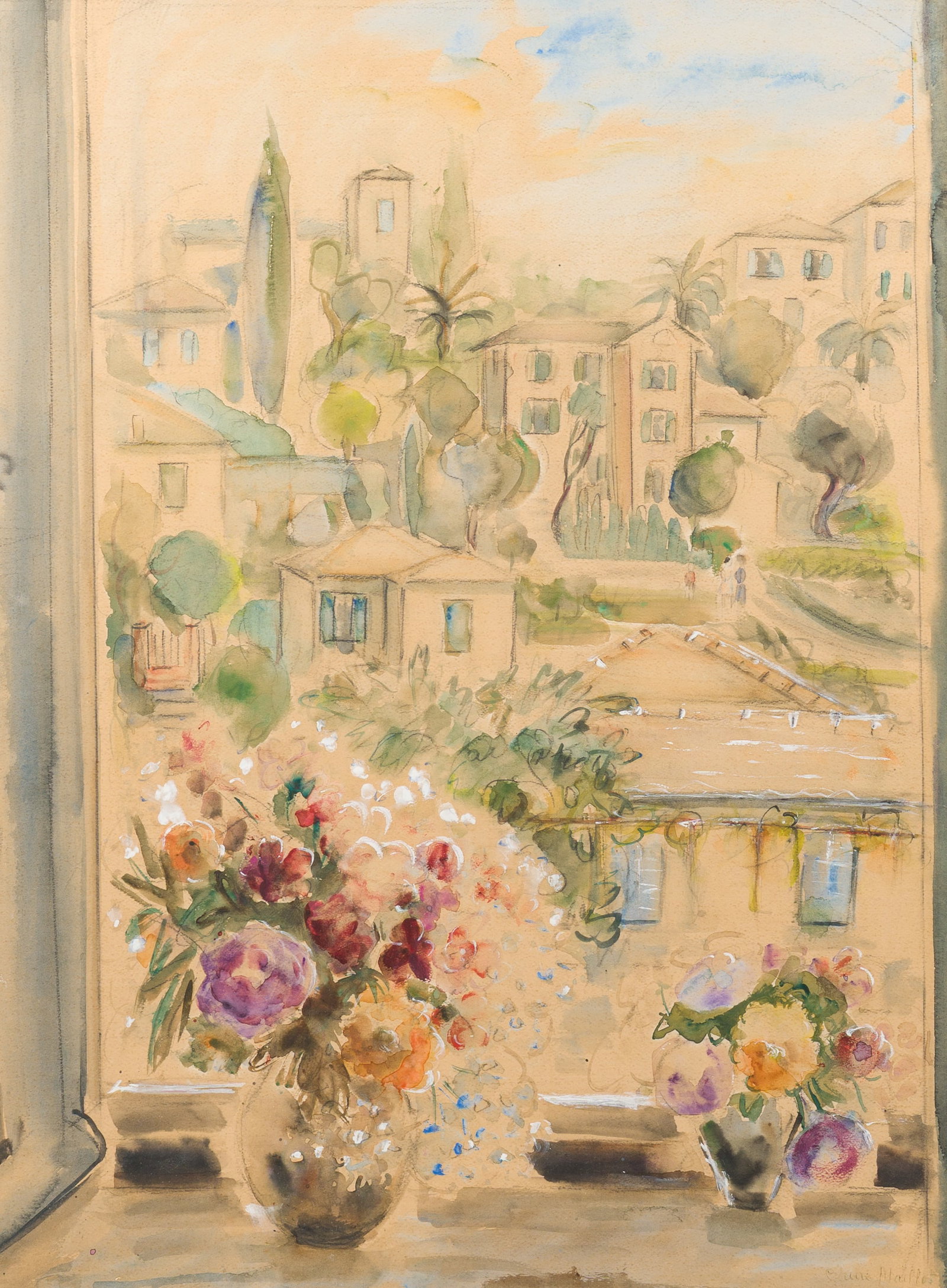 Claire Maillot (20th C.): The open window, mixed media on paper (1 of 5)