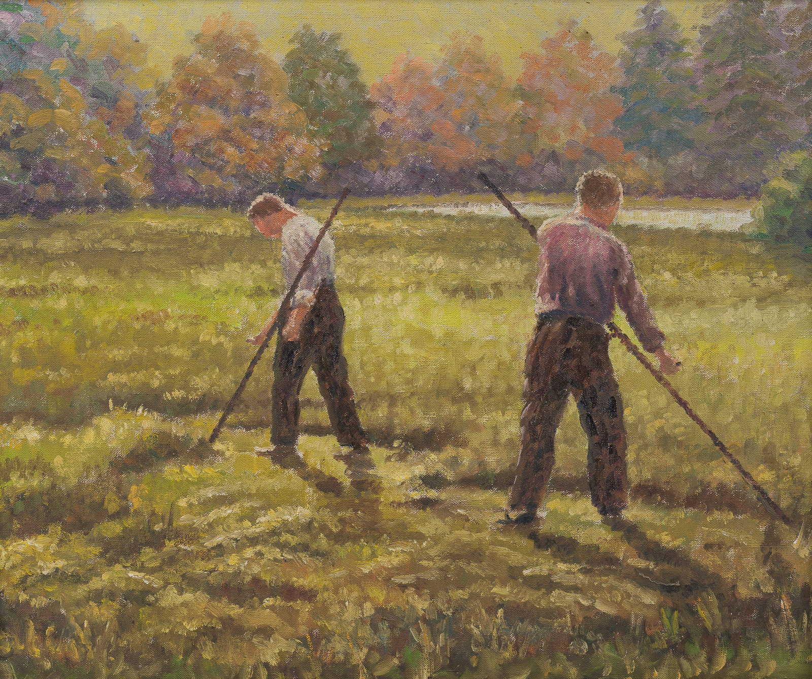 Belgian school: Landscape with workers in the field, oil on canvas, 20th C. (1 of 5)