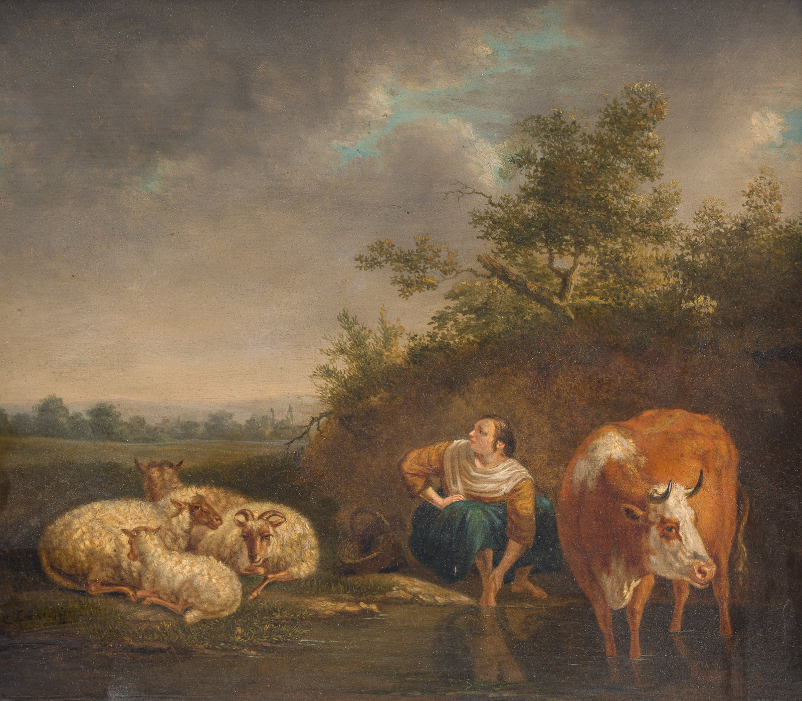 J. Astory (19th C.): Shepherdess with her animals at a watering hole, oil on panel (1 of 5)