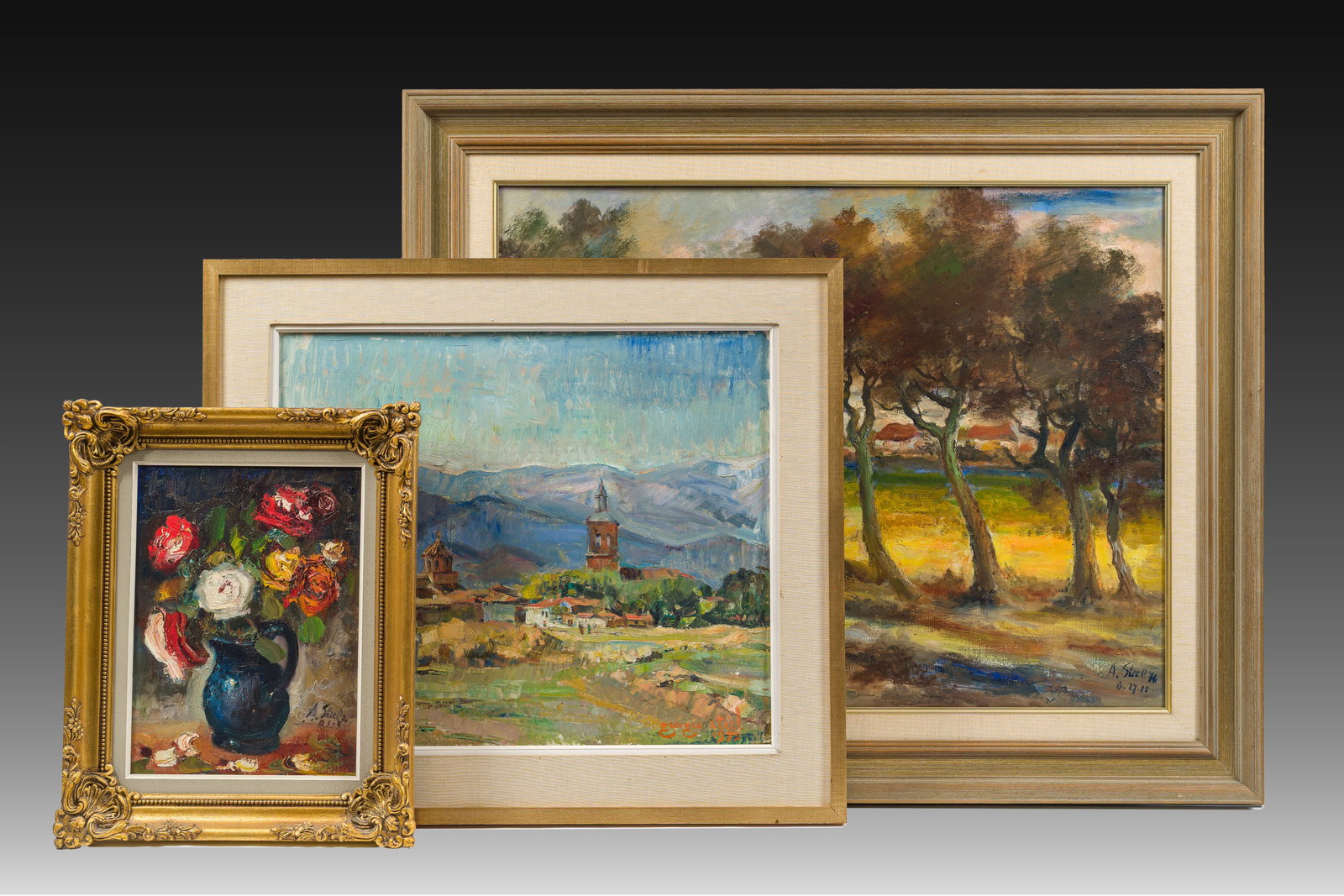 Albert Steel (1917-1984) and Georges Steel (1923-2010): Two landscapes and a flower still life, oil: Albert Steel (1917-1984) and Georges Steel (1923-2010): Two landscapes and a flower still life, oil on canvas, 1970s Work: 88 x 68,5 cm Frame: 114 x 94 cm Work: 64 x 53 cm Frame: 83 x 72 cm Work: 38,5