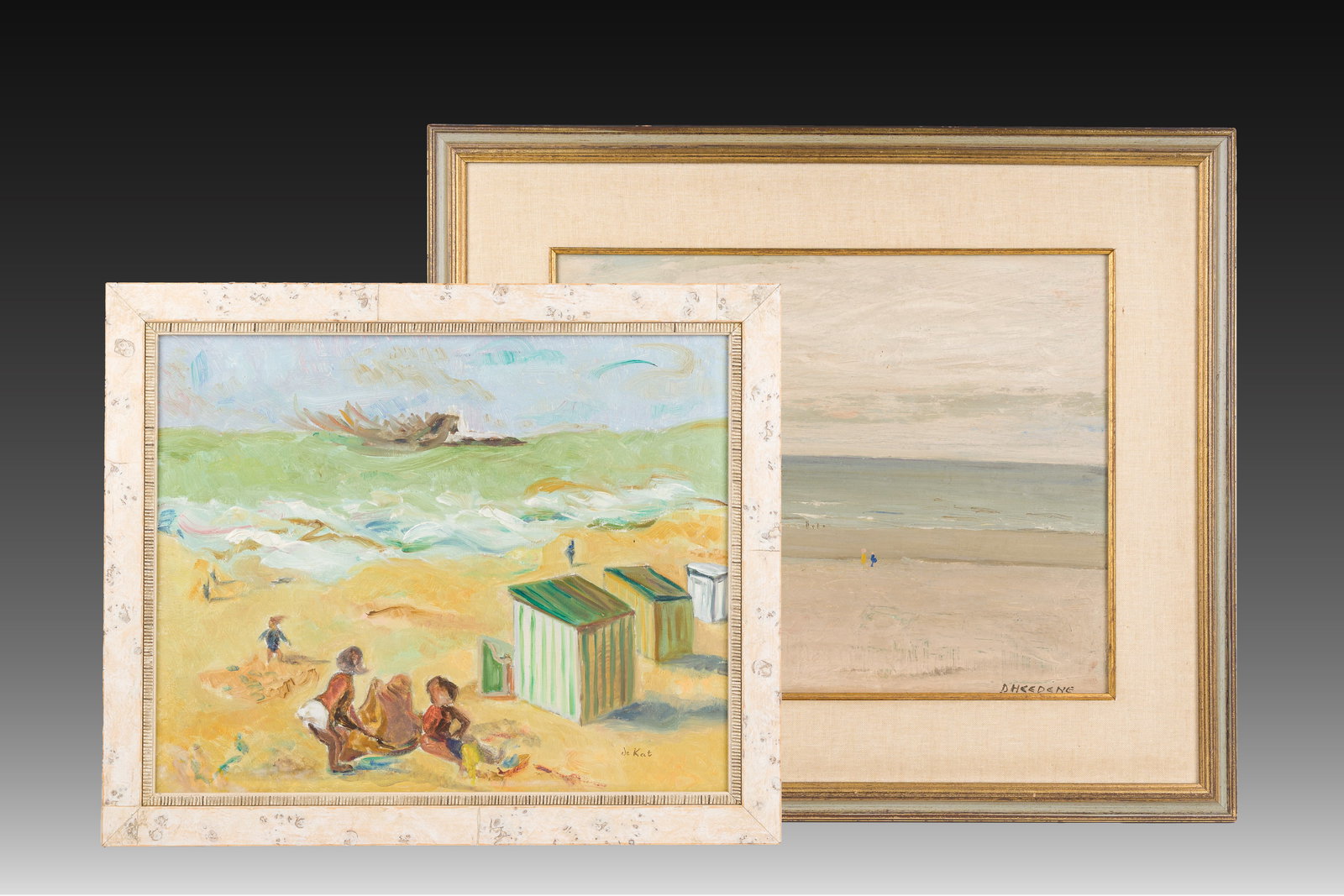 Georges Dheedene (1909-1973): Beach view, oil on panel and De Kat (20th C.): Summer fun, oil on (1 of 9)