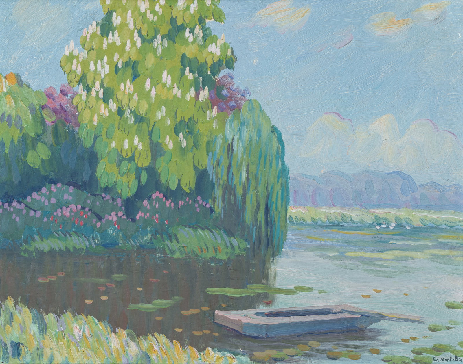 Guillaume Montobio (1883-1962, in the manner of): View on the Leie, oil on board (1 of 5)