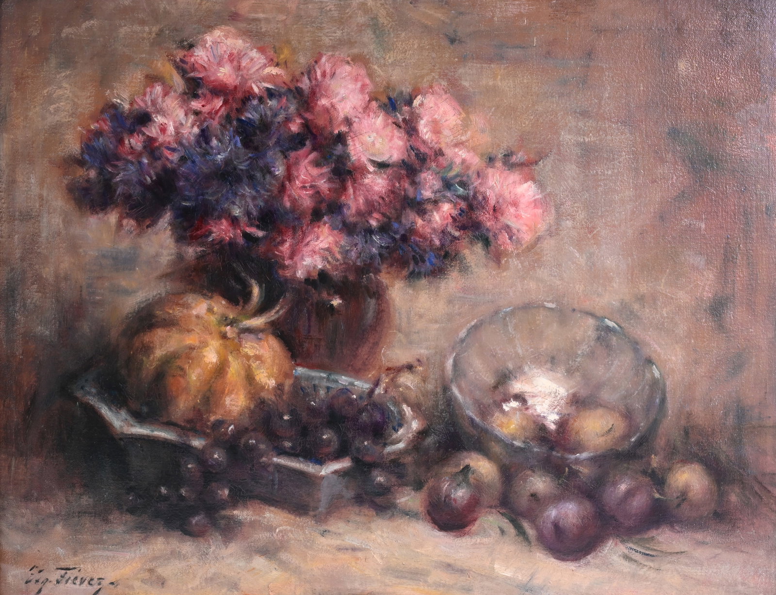 Edgard Fievez (1880-1976): Still life with flowers and fruit, oil on canvas (1 of 5)