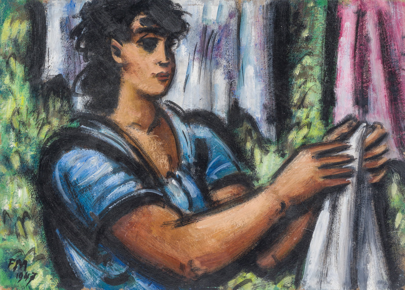 Frans Masereel (1889-1972): 'Brune au corsage bleu dans la verdure', oil on board, dated 1947 (1 of 6)