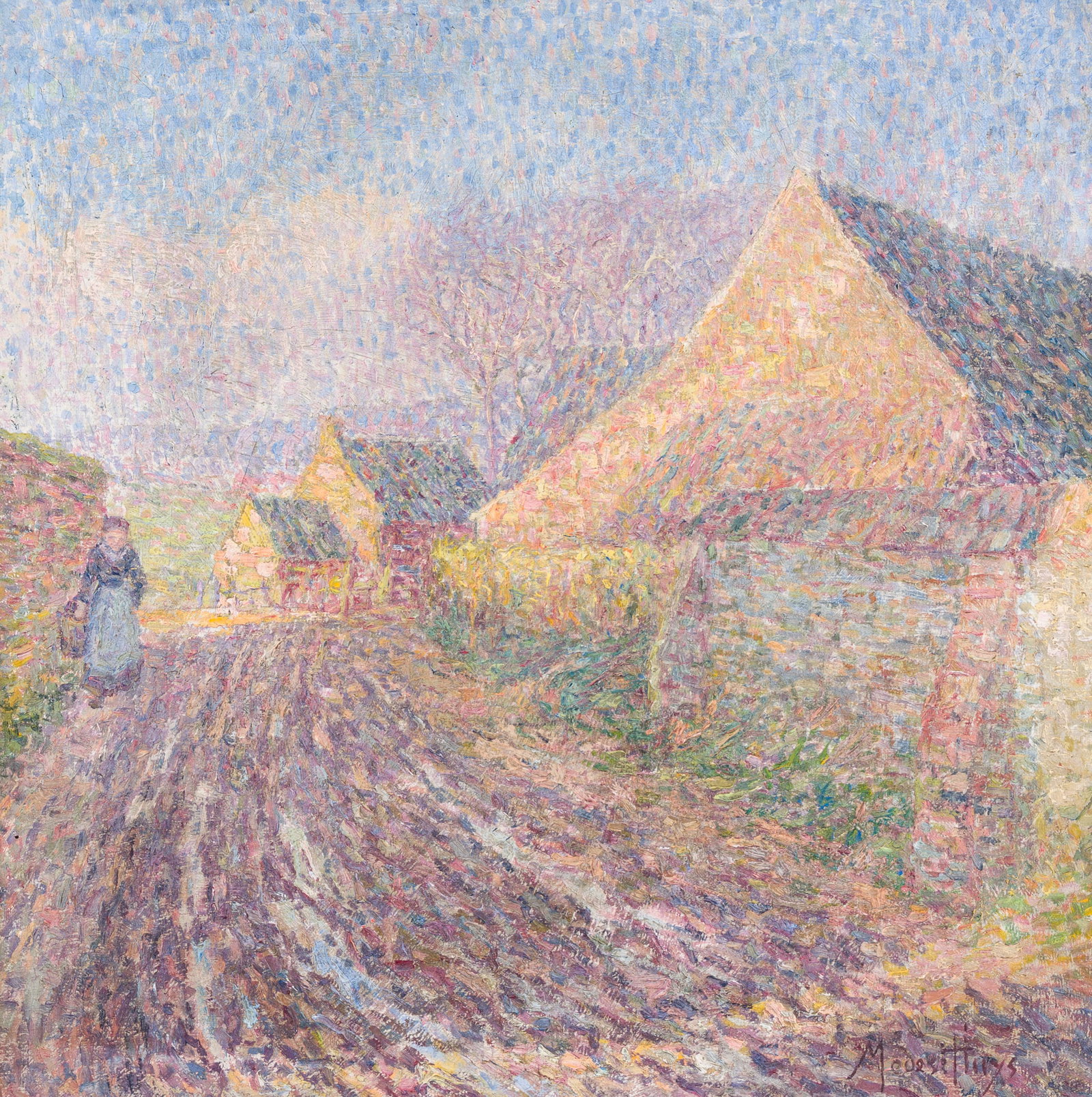 Modest Huys (1874-1932): A farmer walking on the access path to the farm, oil on canvas: Modest Huys (1874-1932): A farmer walking on the access path to the farm, oil on canvas Work: 43 x 43 cm Frame: 55 x 55 cm