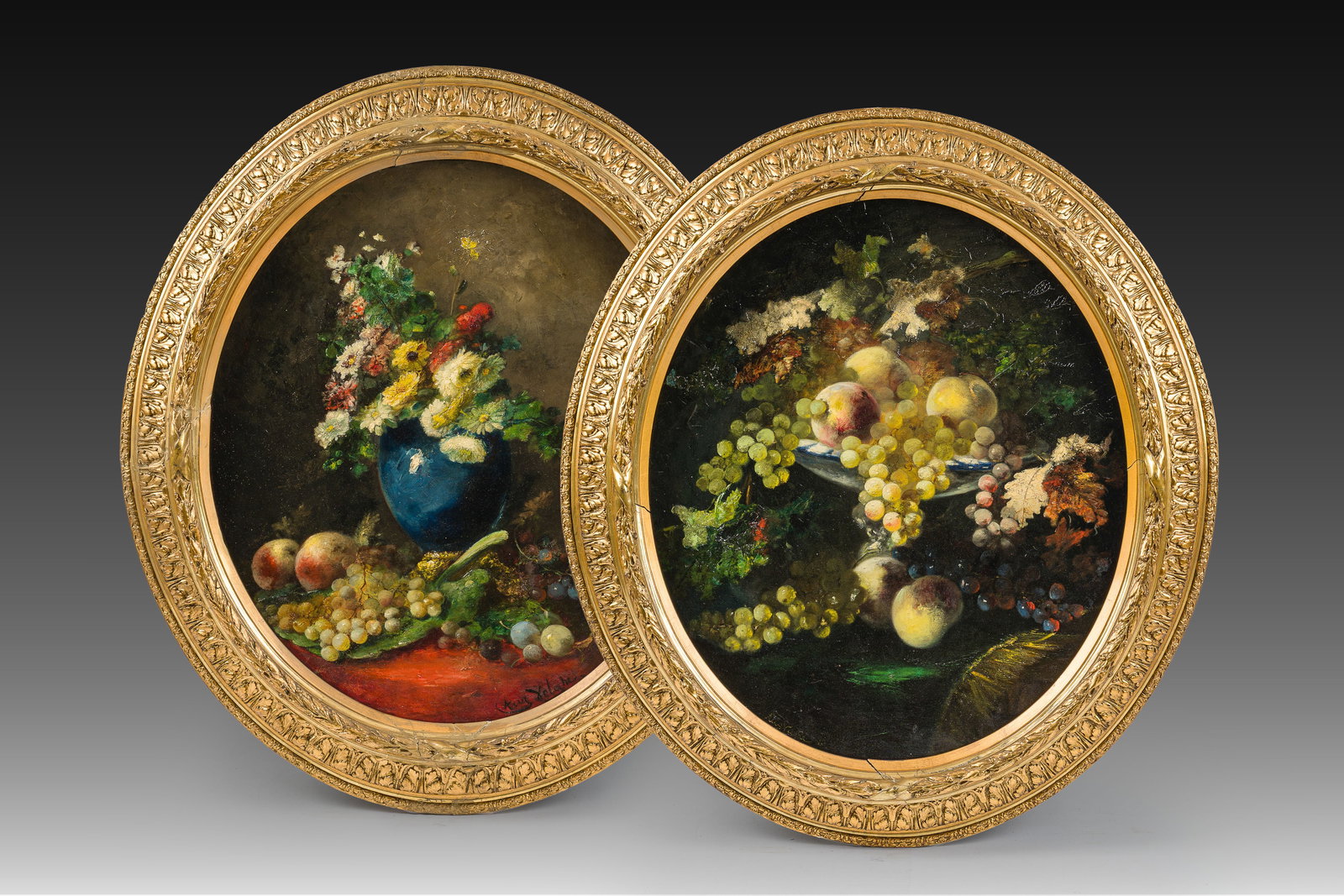 Auguste Velghe (1831-1912): Two still lifes with fruit and flowers, oil on canvas (1 of 10)