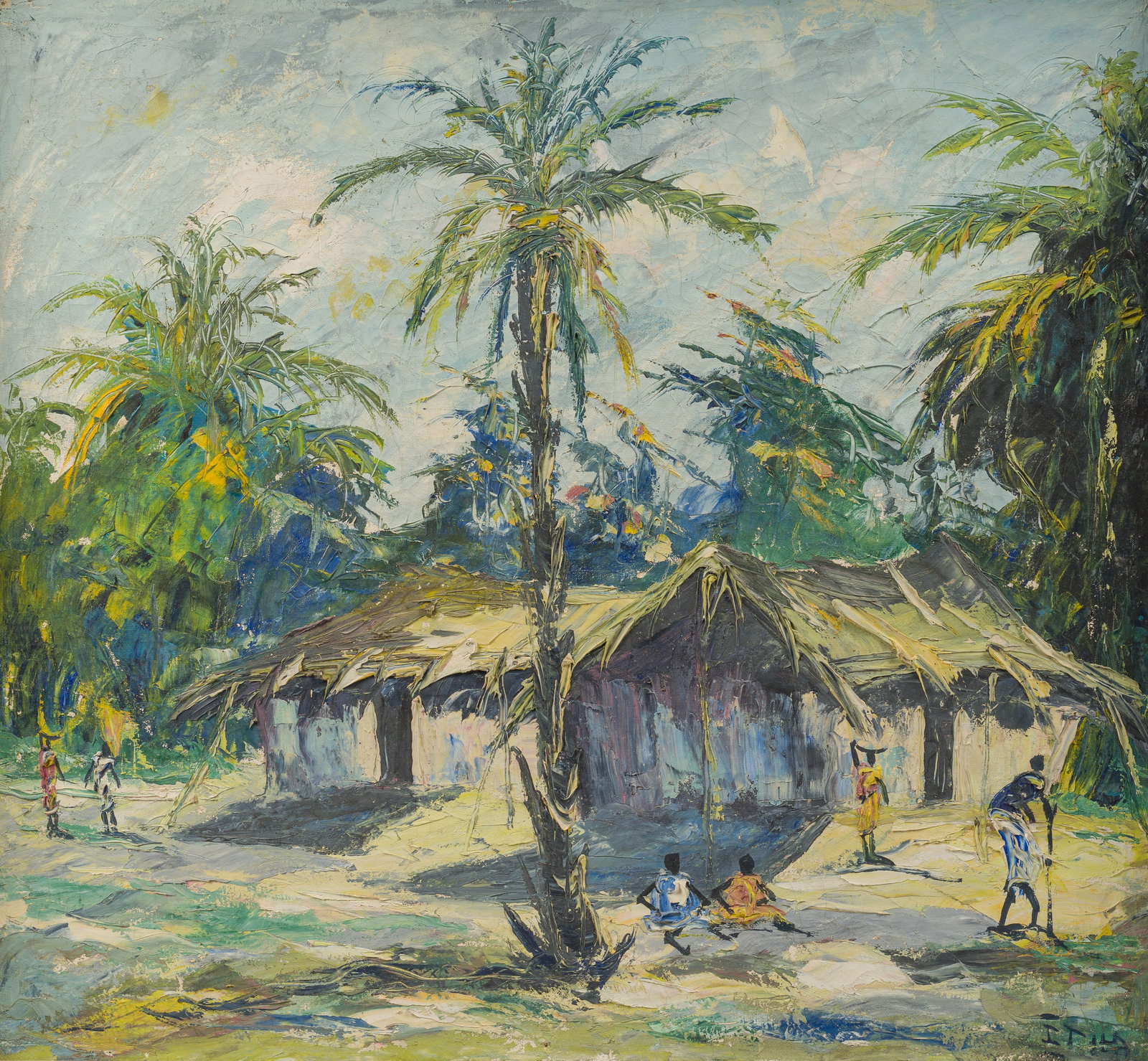 Isidore Tiba (1908-1954): View of a Congolese village, oil on canvas (1 of 4)