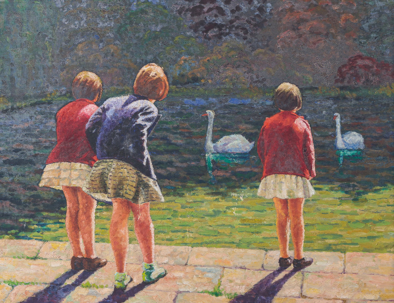 Belgian School: Children at the edge of a water feature with swans, oil on canvas, 20th C. (1 of 4)