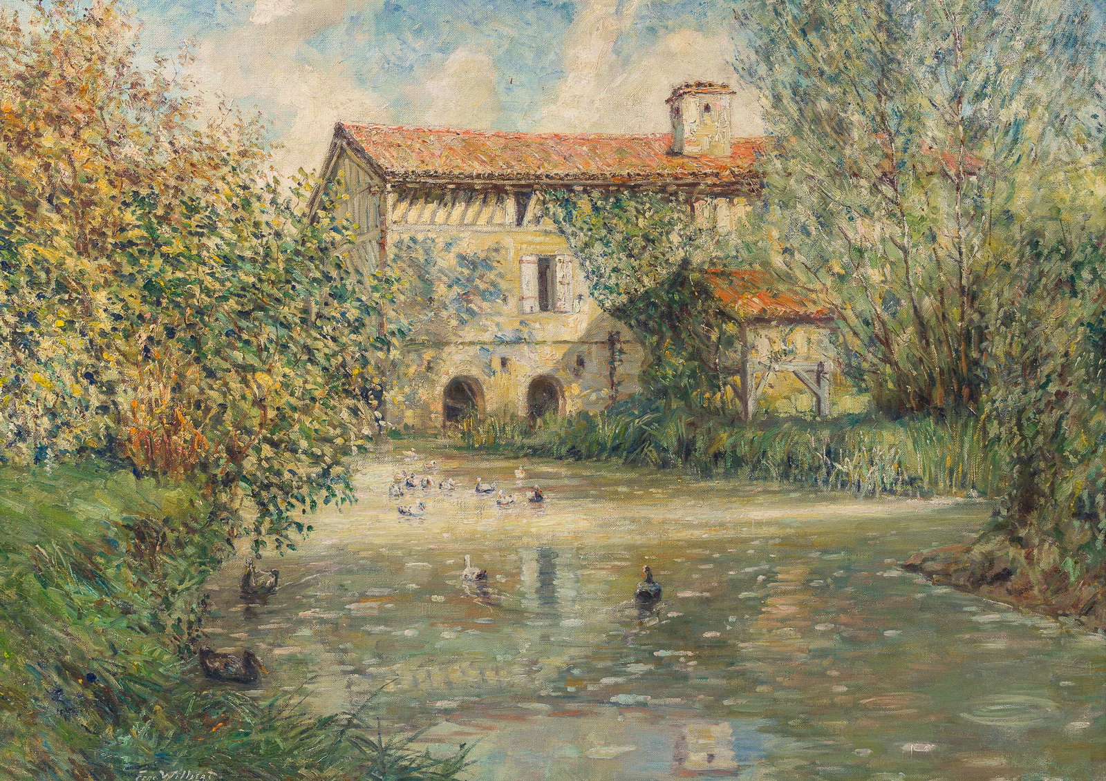 Ferdinand Willaert (1861-1938): View of a pond with ducks and a house in the background, oil on (1 of 6)