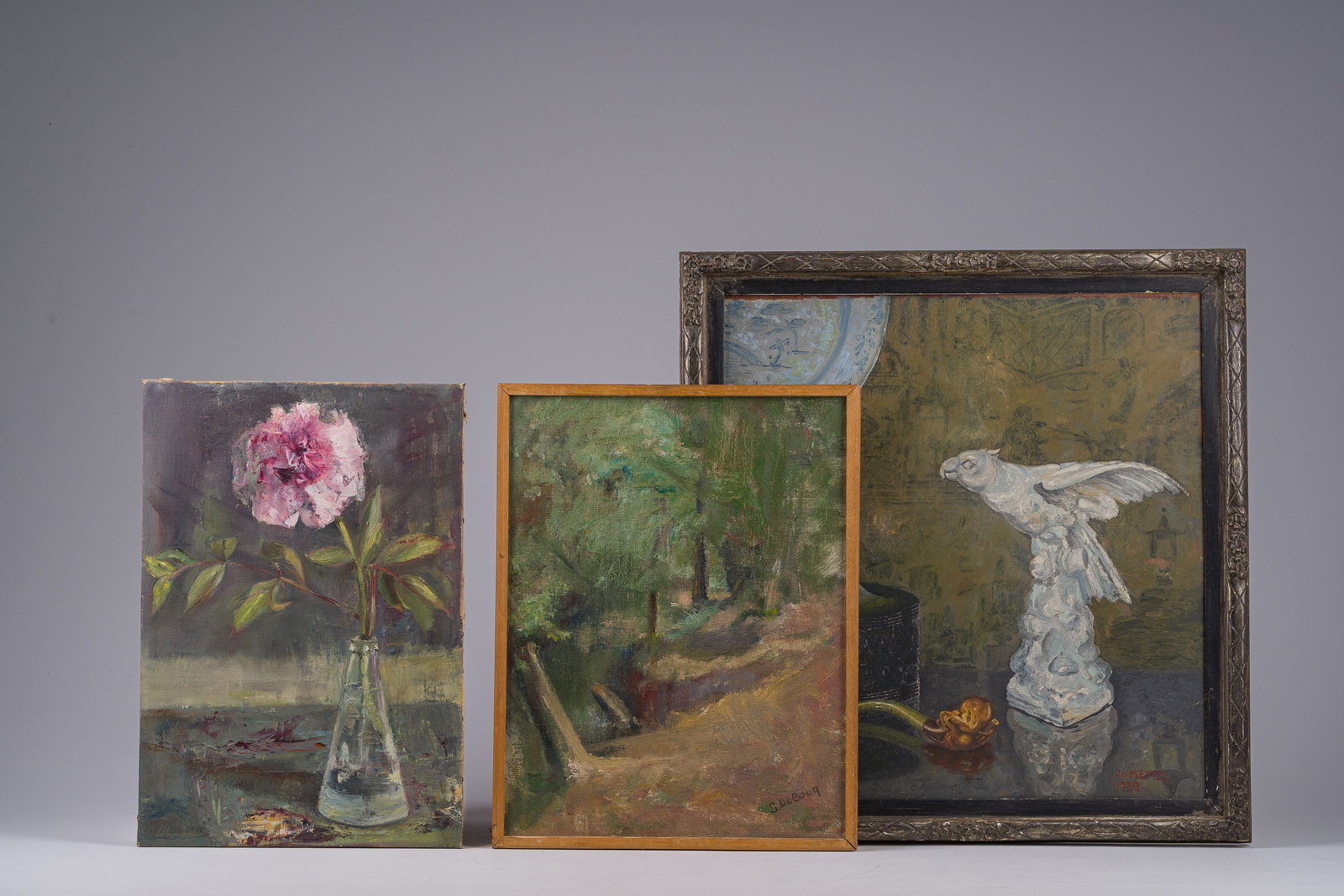 Belgian school: Two still lifes and a landscape, oil on canvas and board, 20th C. (1 of 9)