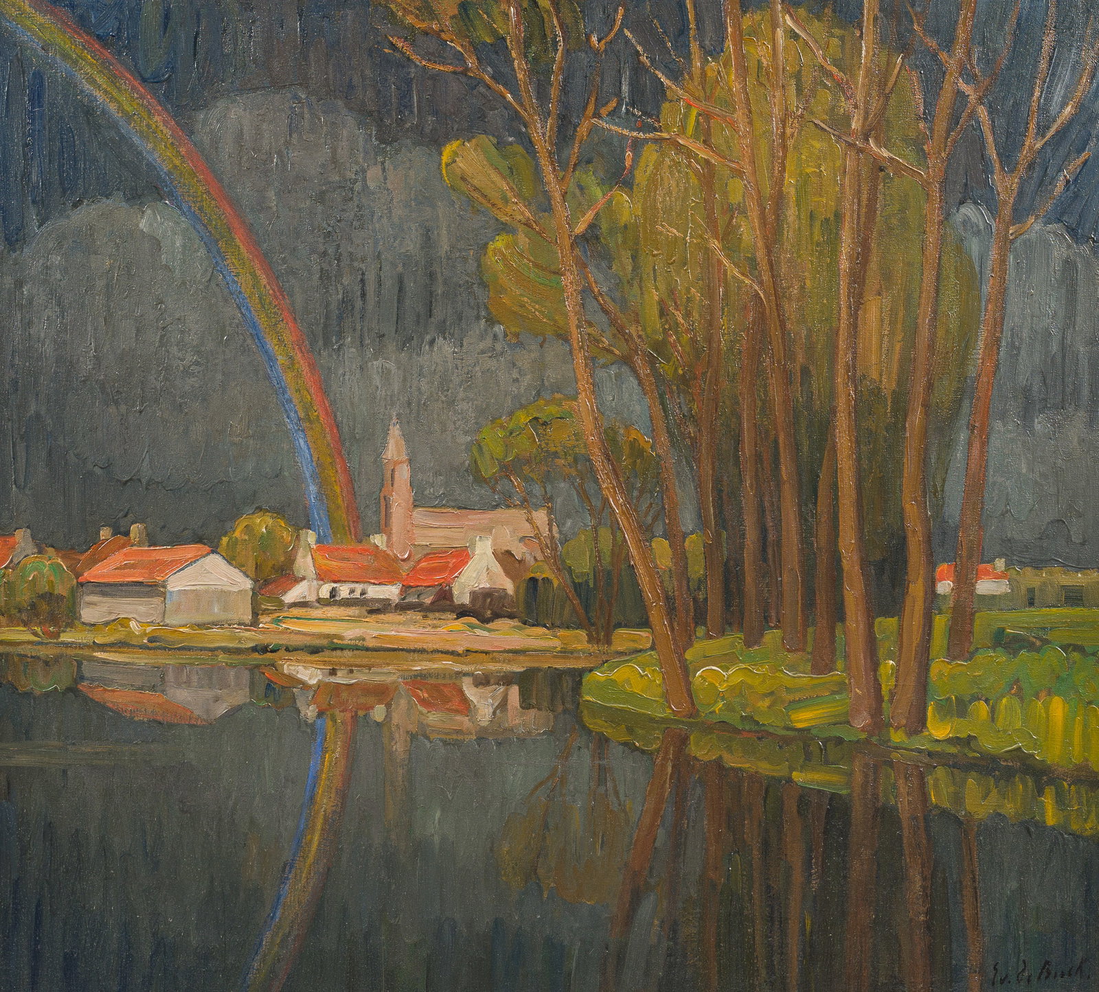 Evarist De Buck (1892-1974): Leie landscape with a rainbow, oil on canvas (1 of 5)