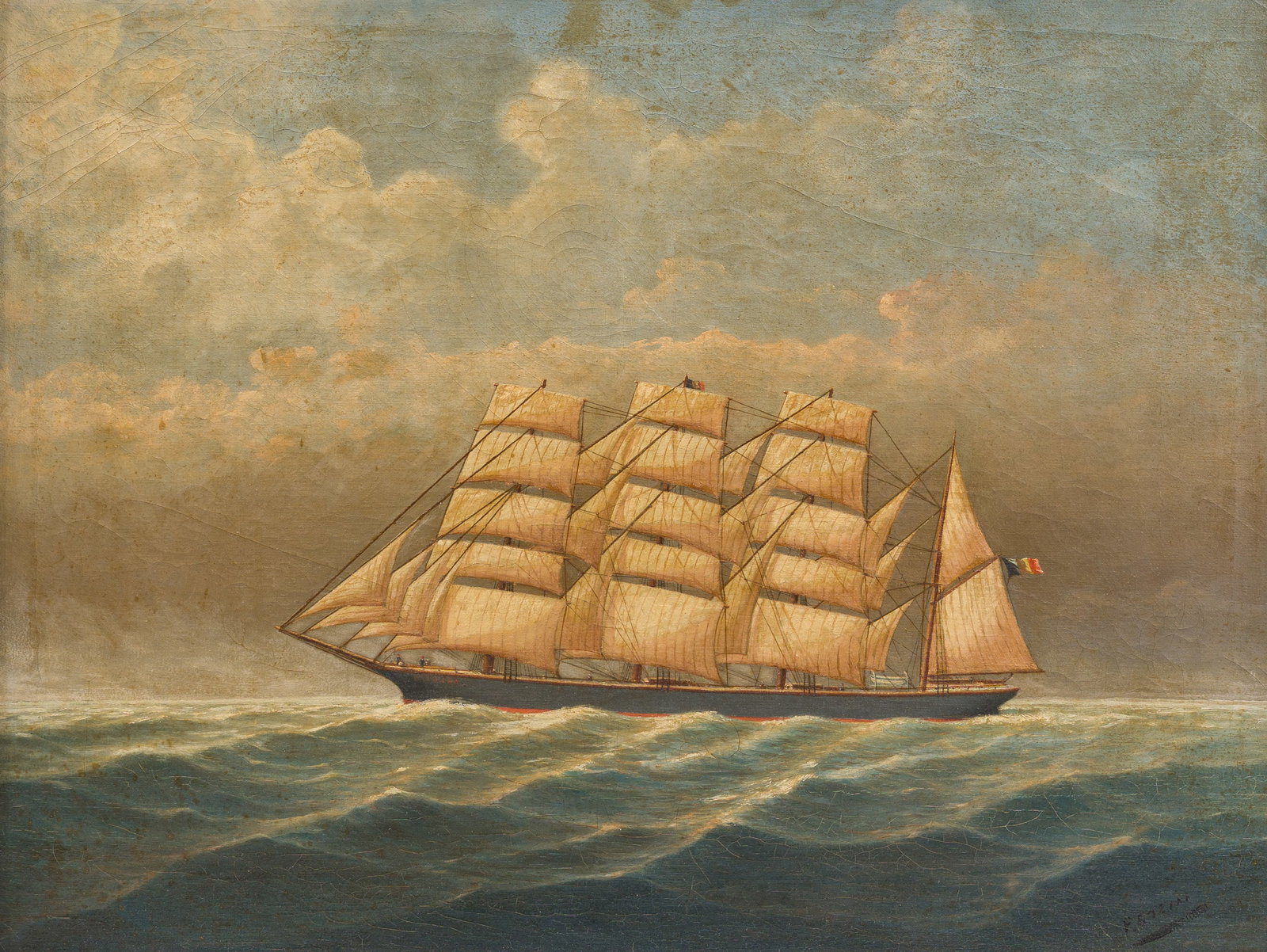 F. or P. Stein (19th C.): A Belgian four-masted ship on a calm sea, oil on canvas (1 of 5)