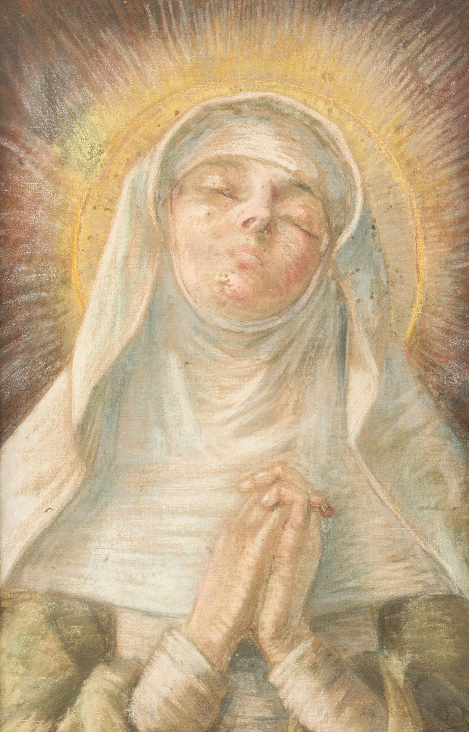 Jacques Dore (1861-1929): A praying female saint, possibly Catherine of Siena, pastel on canvas,: Jacques Dore (1861-1929): A praying female saint, possibly Catherine of Siena, pastel on canvas, early 20th C. Work: 59 x 38 cm Frame: 74 x 52 cm The work is illegibly dated.