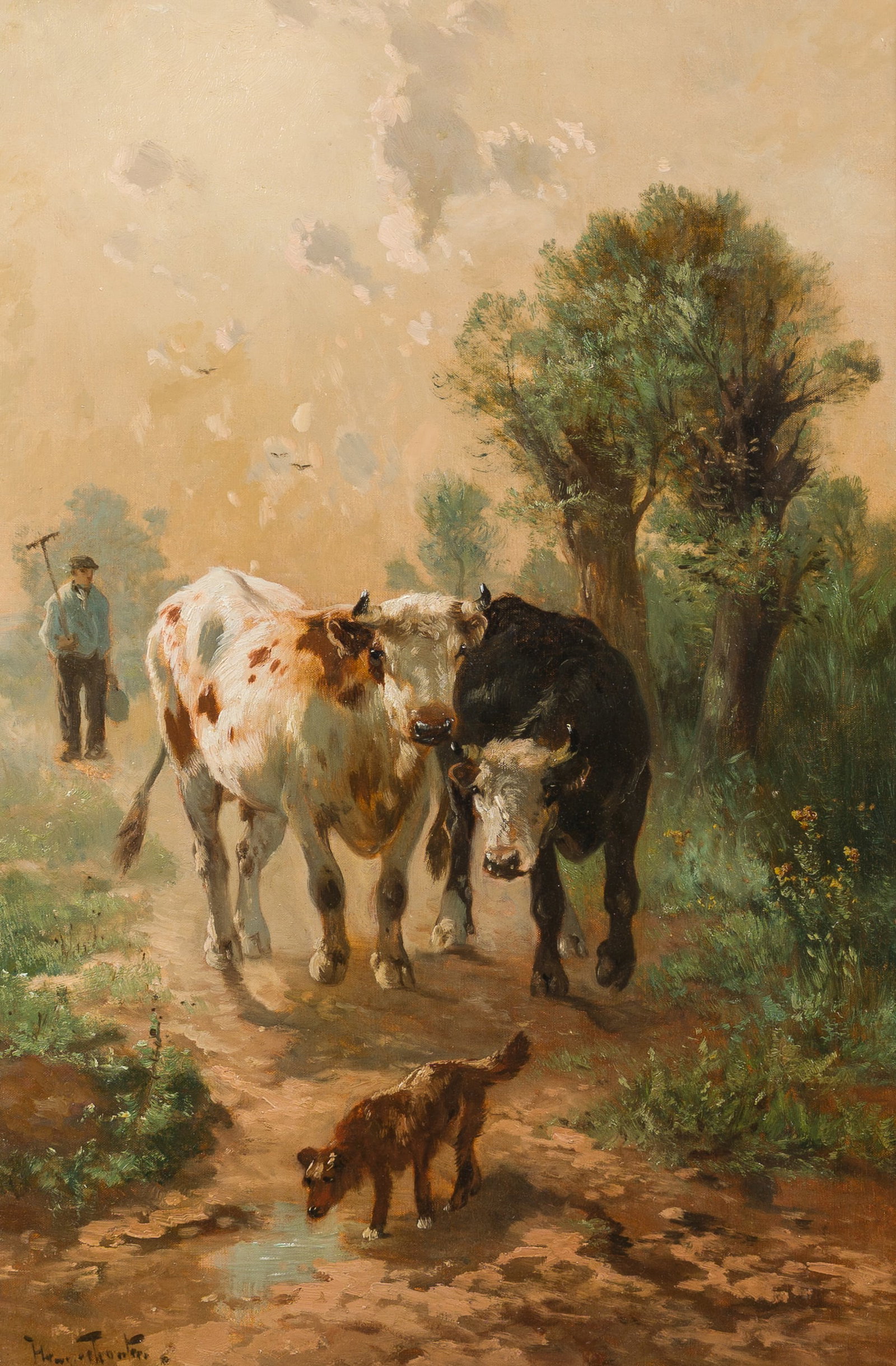 Henry Schouten (1860-1927): A farmer with two cows and a dog in a landscape, oil on canvas: Henry Schouten (1860-1927): A farmer with two cows and a dog in a landscape, oil on canvas Work: 91 x 60 cm Frame: 122 x 91,5 cm