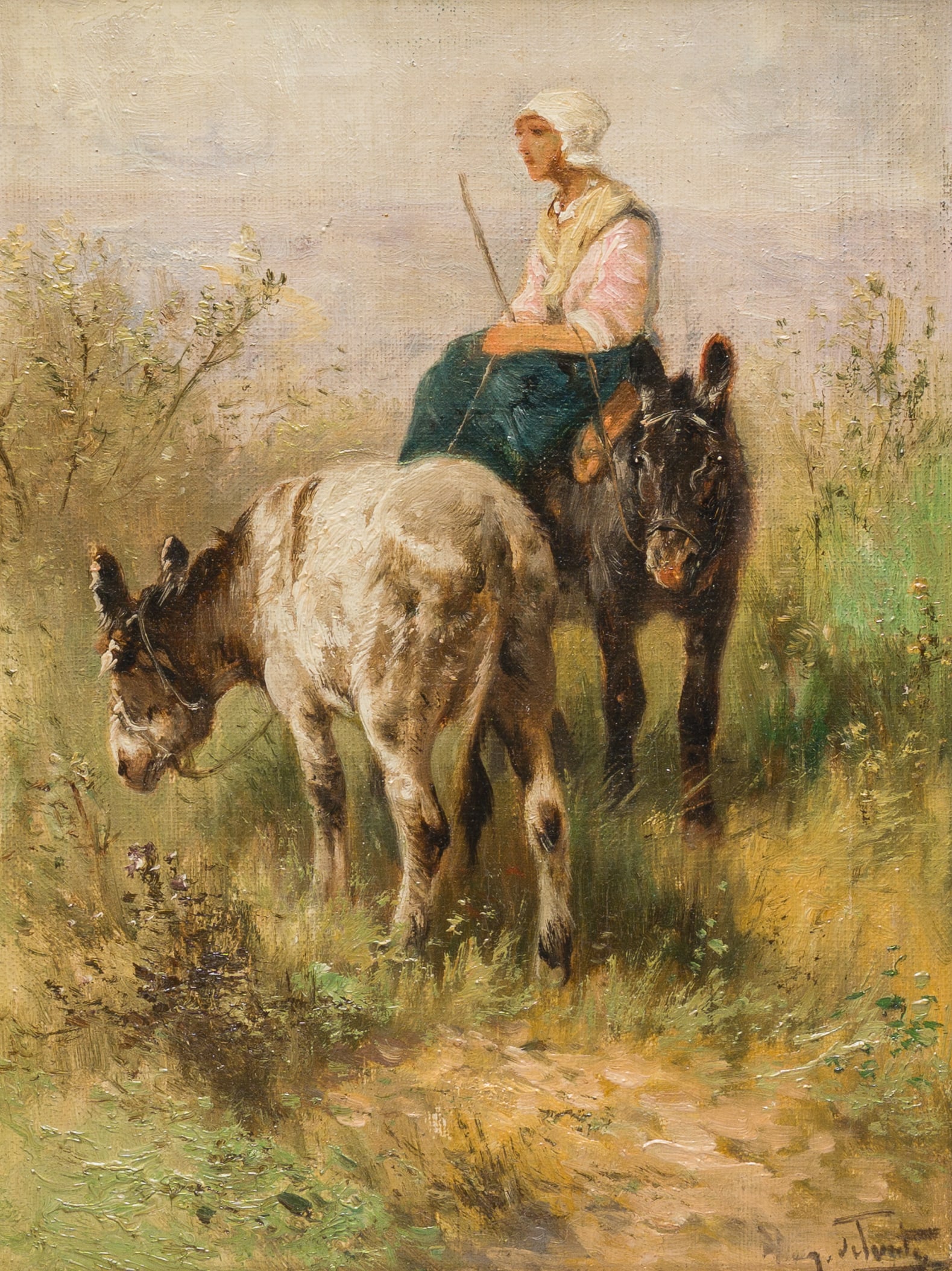 Henry Schouten (1860-1927): Shepherdess with her two donkeys in a landscape, oil on canvas (1 of 6)