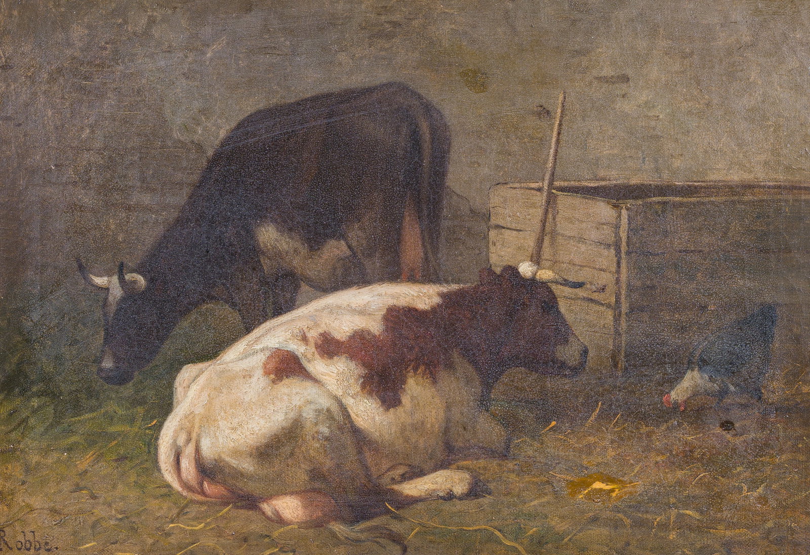 Louis Robbe (1806-1887, in the manner of): Two cows and a rooster in a yard, 19th C. (1 of 5)