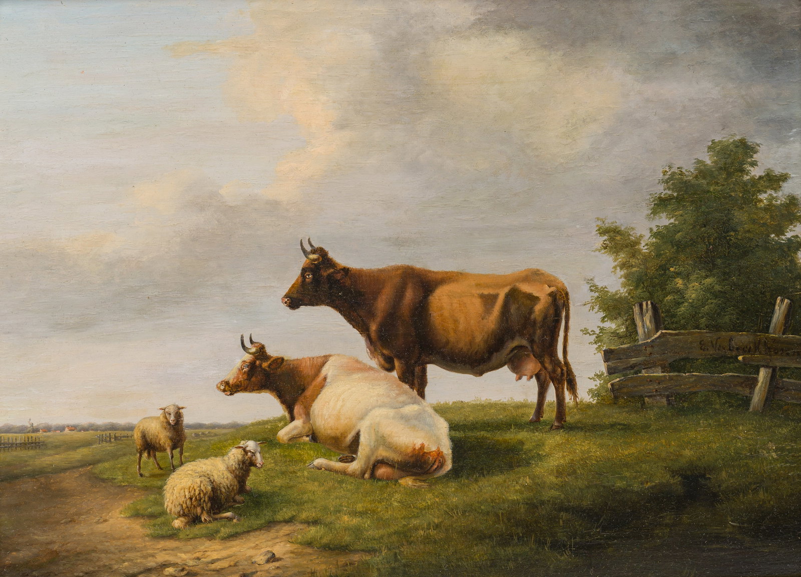 Eugene Verboeckhoven (1798-1881, in the manner of): Cows and sheep in the meadow, oil op panel, 19th (1 of 5)