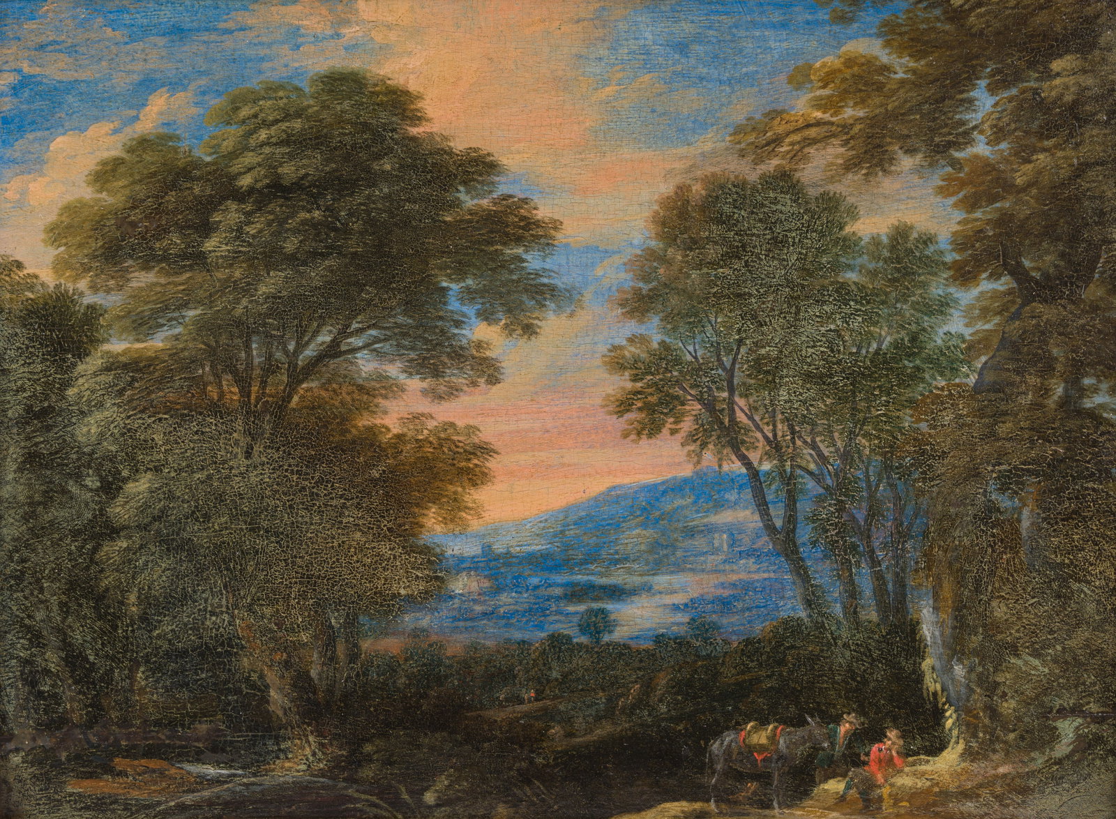 Flemish school: Two travelers and a donkey in a landscape, oil on panel, 17th C. (1 of 4)