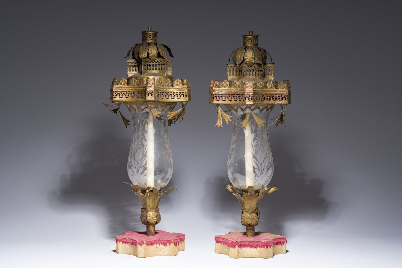 A pair of brass and etched glass photo lamps or lanterns, 18th C. and later (1 of 4)