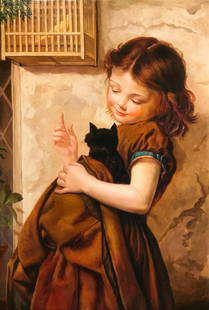 HER FAVORITE PETS: This is a copy by an unknown artist of a painting originally done by Sophie Anderson (1823 ? 1903) titled "Her Favorite Pets" was the title for the painting given by Sophie. It shows a young girl lovi