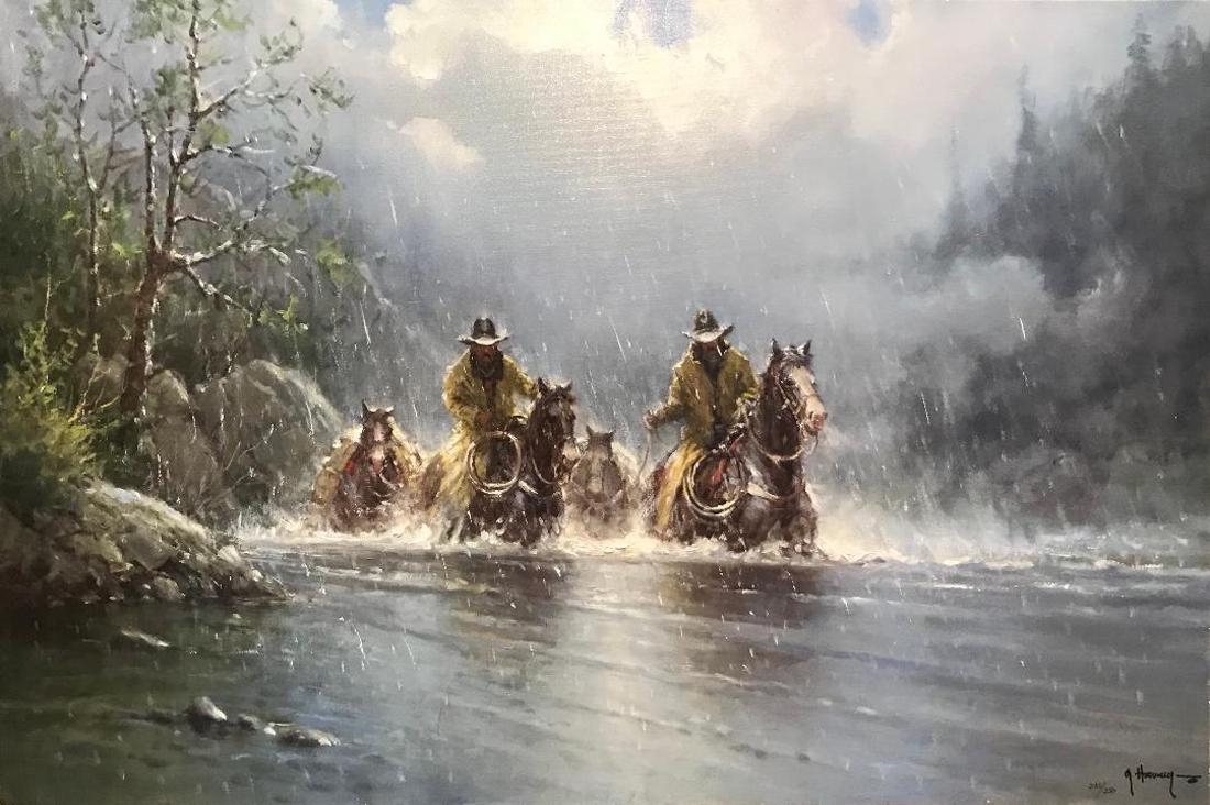 BOOT TOP CROSSING (G. Harvey): Limited Edition Giclee Print signed and numbered on canvas by artist G. Harvey of two cowboys in slickers and their pack horses crossing a mountain stream, swollen by melting snow and heavy spring ra