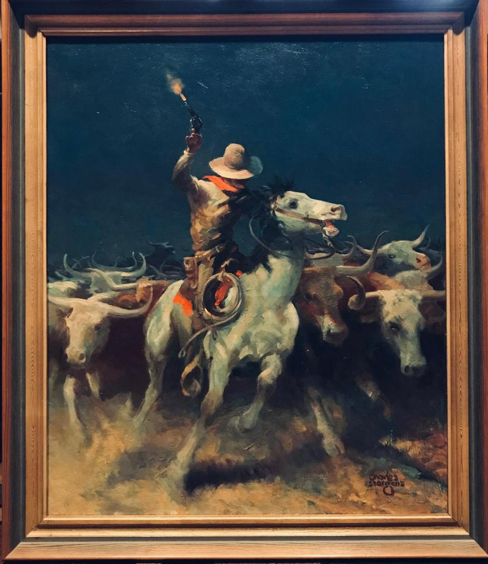 CATTLE DRIVE STAMPEDE (Charles Hargens) 1893-1997: Original oil on canvas 30'' x 25'' Frame size: 34'' x 29'' Signed lower right in excellent condition.