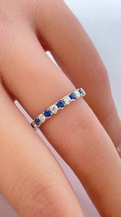 Riviera Pavé Sapphire And Diamond Ring In 14k White Gold (1.5mm): Exquisite elegant ring crafted in solid 14K white gold, featuring a cluster of brilliant-cut diamonds and sapphire. This timeless piece is perfect for collectors or as a unique engagement ring. Detail