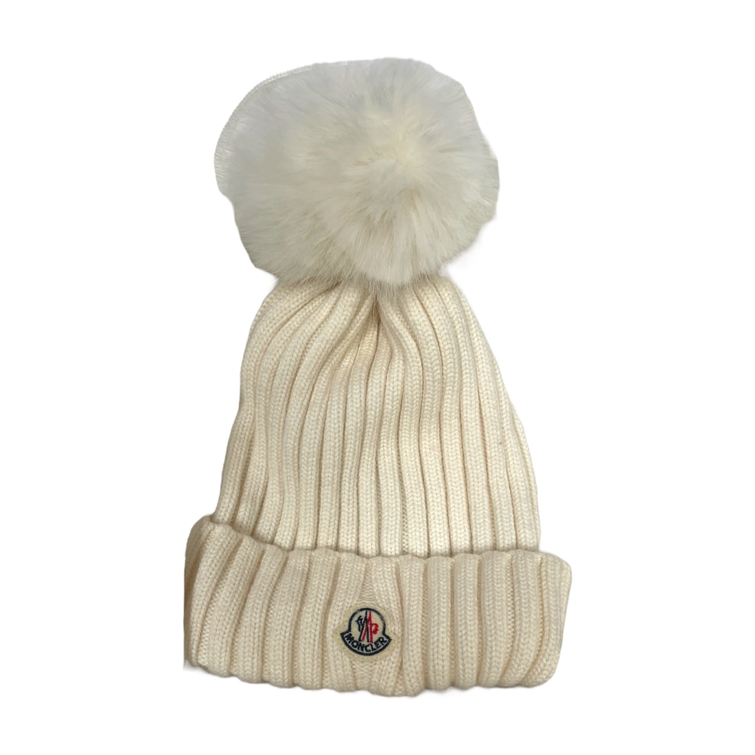 Moncler white Wool Beannie with Faux Fur Pom-Pom (1 of 4)