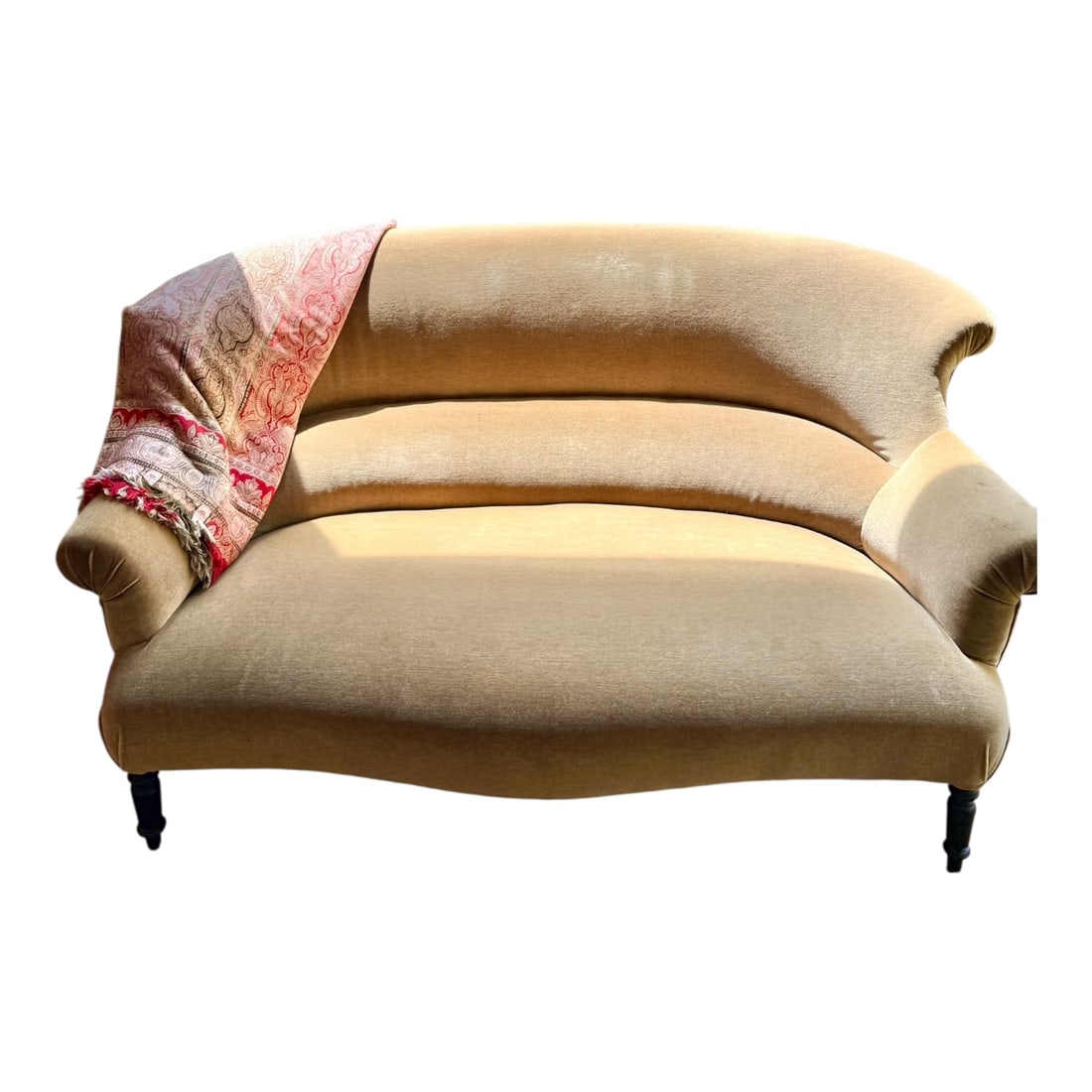 Brown Felt Settee Sofa: Charming felt-upholstered settee in a cheerful brown tone with a modern silhouette. 57 W x 27 D x 32 H, Seat Height 15