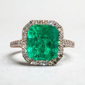 18K White Gold Emerald & Diamond Ring GRS Certified (Size 53/US6)