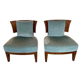 2pc Set of Wooden Armchairs with Green Padded Seats and Pillows