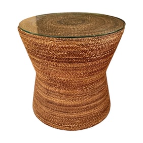 Rattan End Table with Glass Top