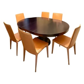 Frag Furniture Black Lacquered Pedestal Dining Table with 6 Orange Leather Chairs