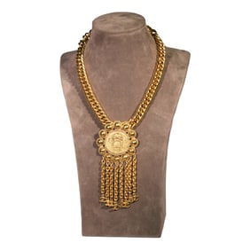 Vintage CHANEL Medallion Chain Fringe Choker Necklace 31 RUE CAMBON Gold Coin