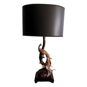 Vintage Resin Peacock Lamp & Burlap Shade