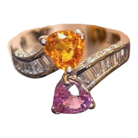 18k white gold ring with diamonds and 2 colored heart shaped stones