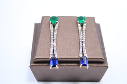 18k white gold Emerald, Sapphire, and Diamond dangling earrings