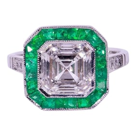 14k white gold Cushion cut Cert lab diamond with natrual emerald