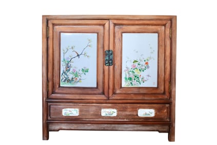 Chinese wood cabinet with hand-painted porcelain panels